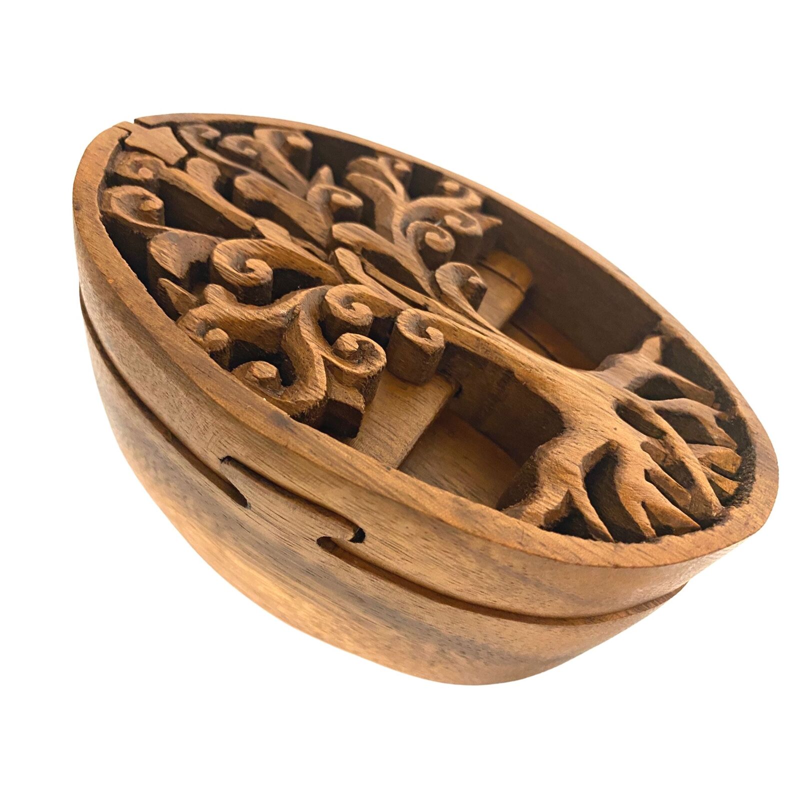 Balinese Tree of Life Secret puzzle Box Stash Trinket carved wood Balinse art