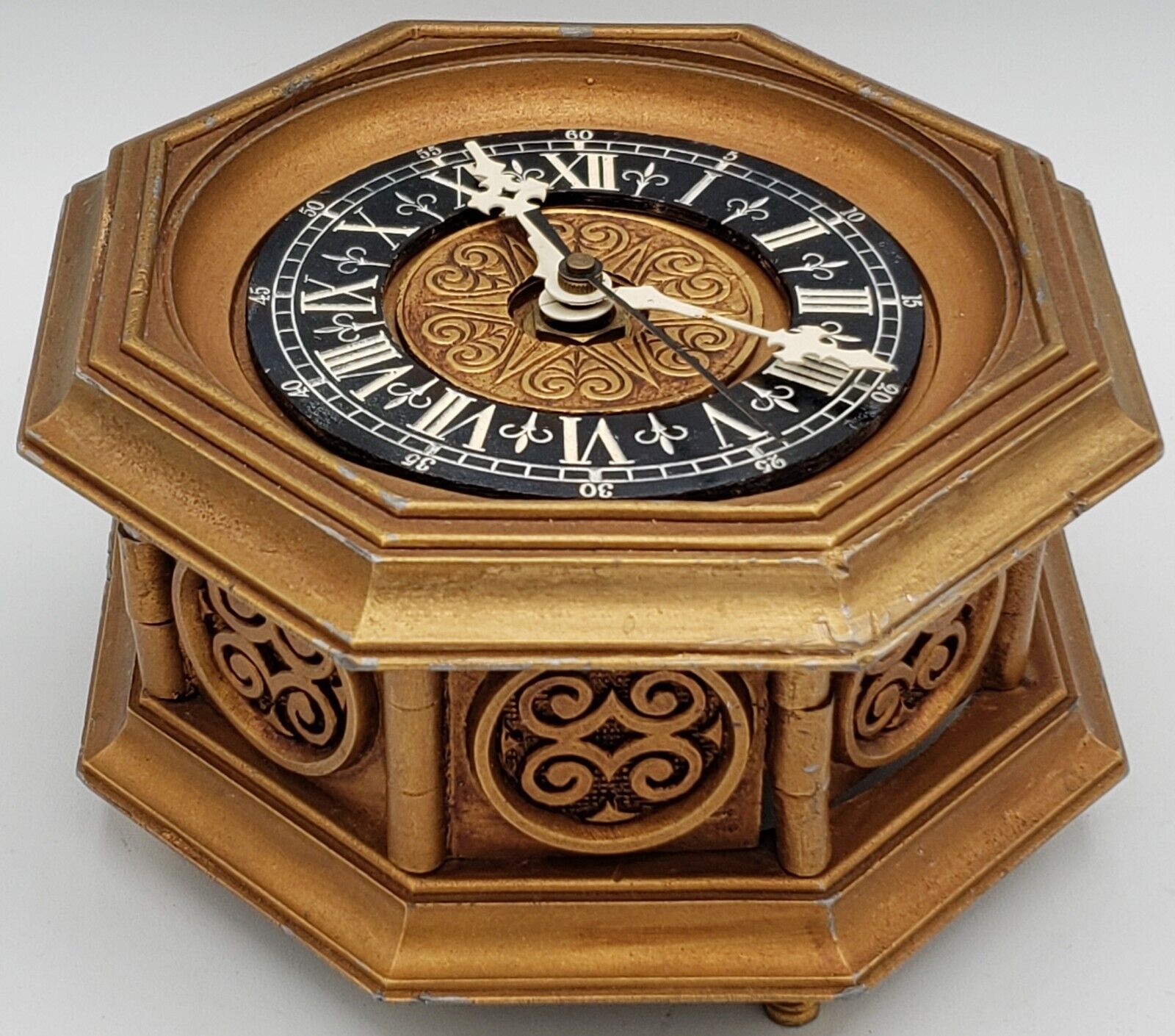 Rare Vintage Kienzle Clock Desk Table Germany Brass Octagon Sun Heart Scroll 