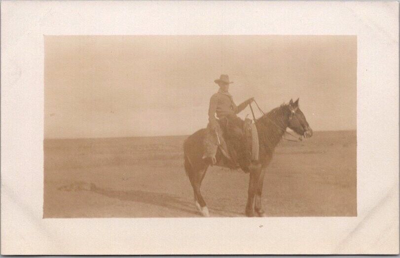Vintage 1910s RPPC Real Photo Postcard Western Scene - Cowboy on Horse - Unused