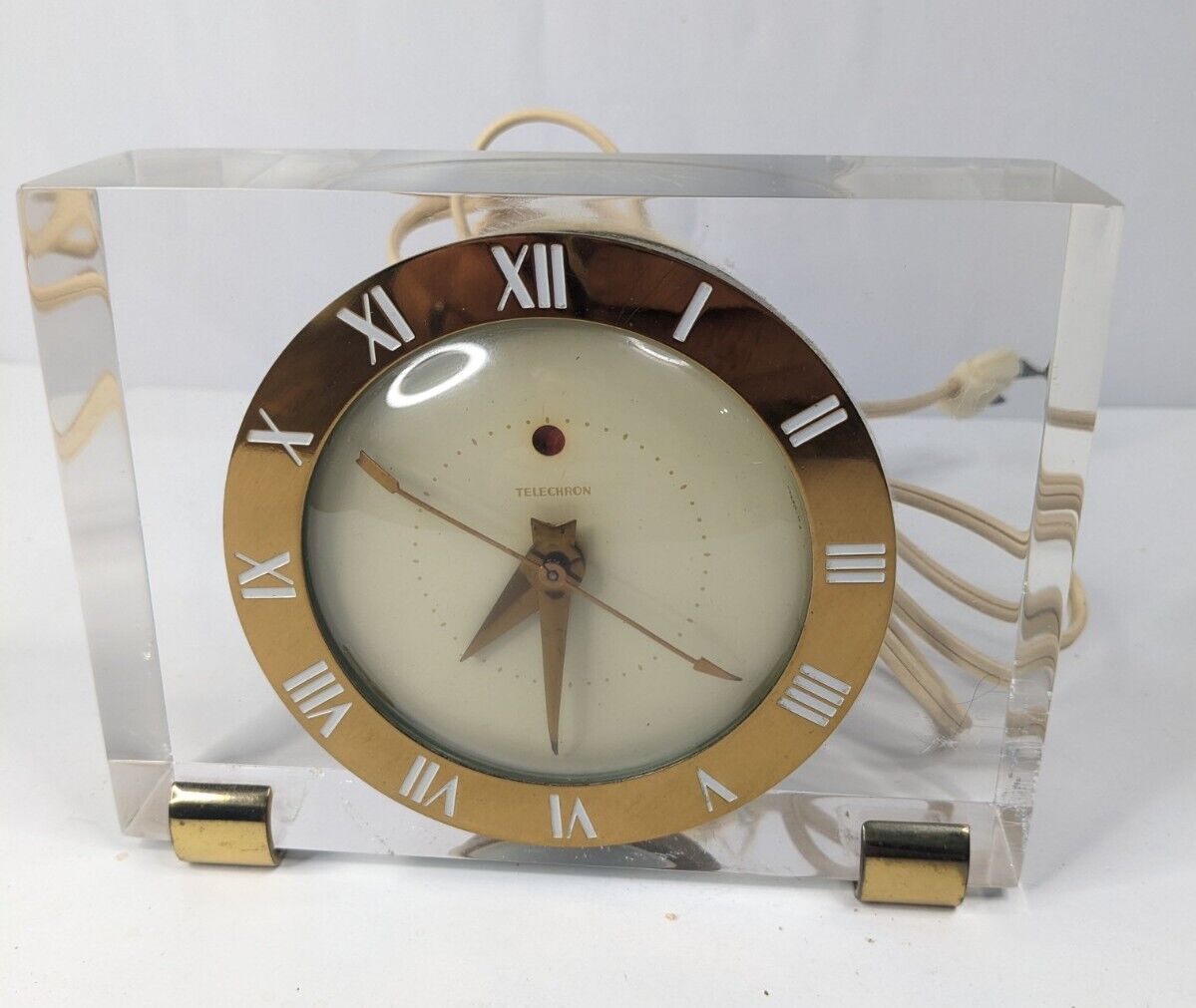 Modernist Telechron Mantle Clock Brass and Lucite Mid Century Extremely Rare
