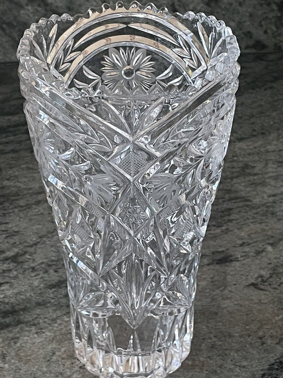 VTG. Cut Crystal Vase-Heavy 8”.Diamond & Floral Pattern. Scalloped Sawtooth Rim