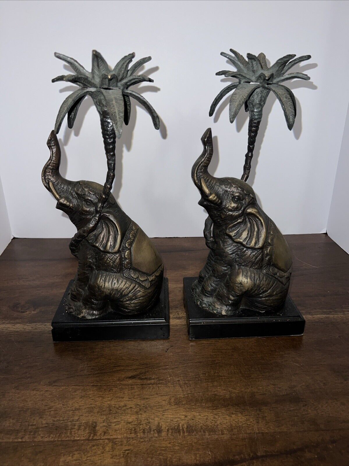 2 Vintage Brass Candle Holder - Elephants  under Palm Trees - 12”
