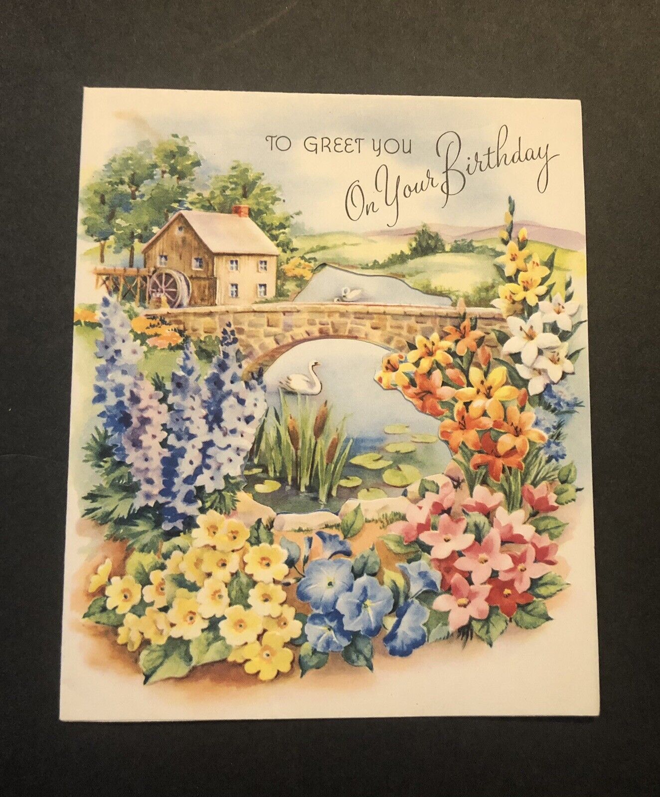 Vintage Happy Birthday Greeting Card Paper Collectible Swans In Pond