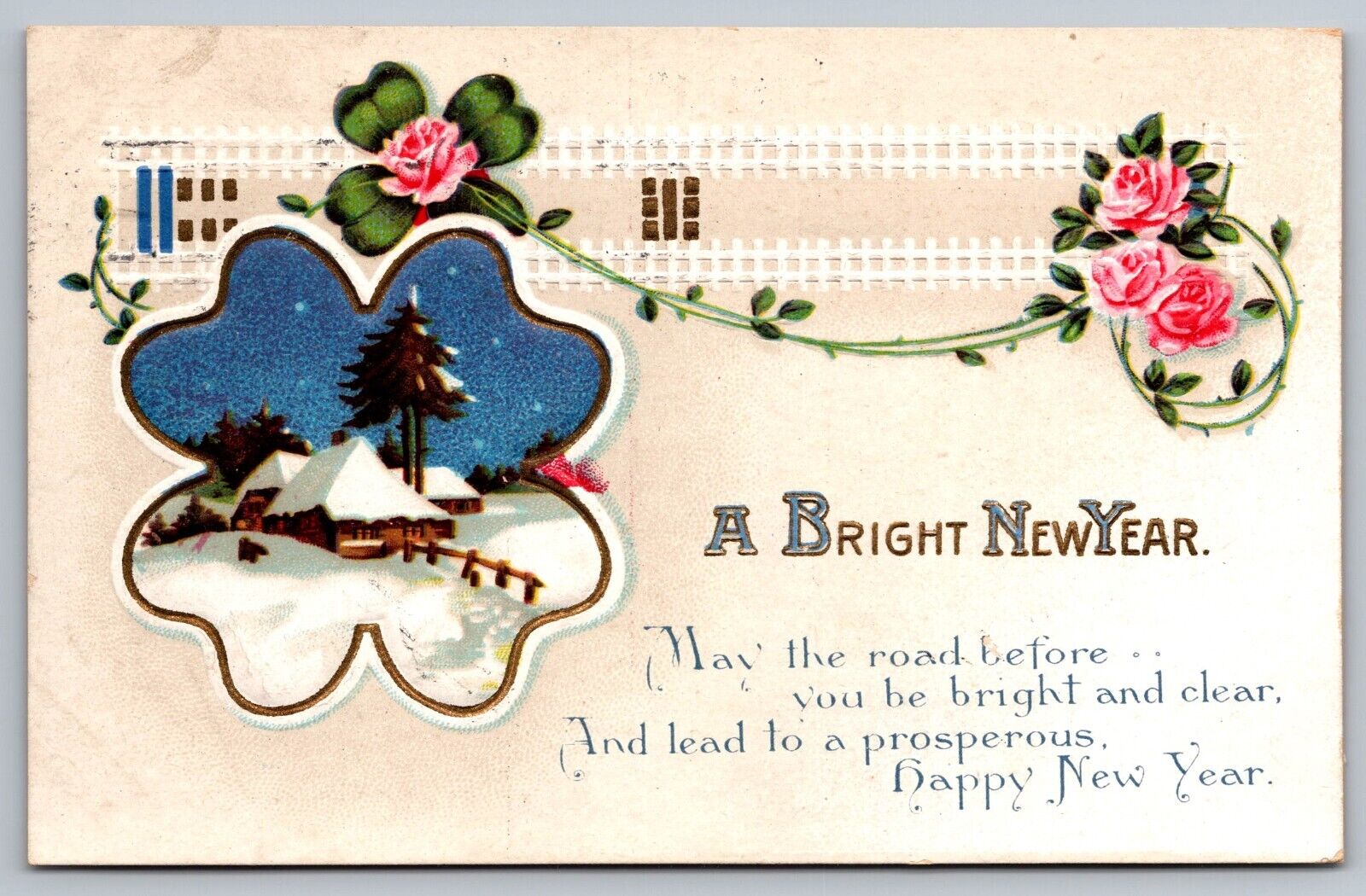 A Bright NewYear-Antique Embossed German Postcard 1913-w/Poem-White Picket Fence