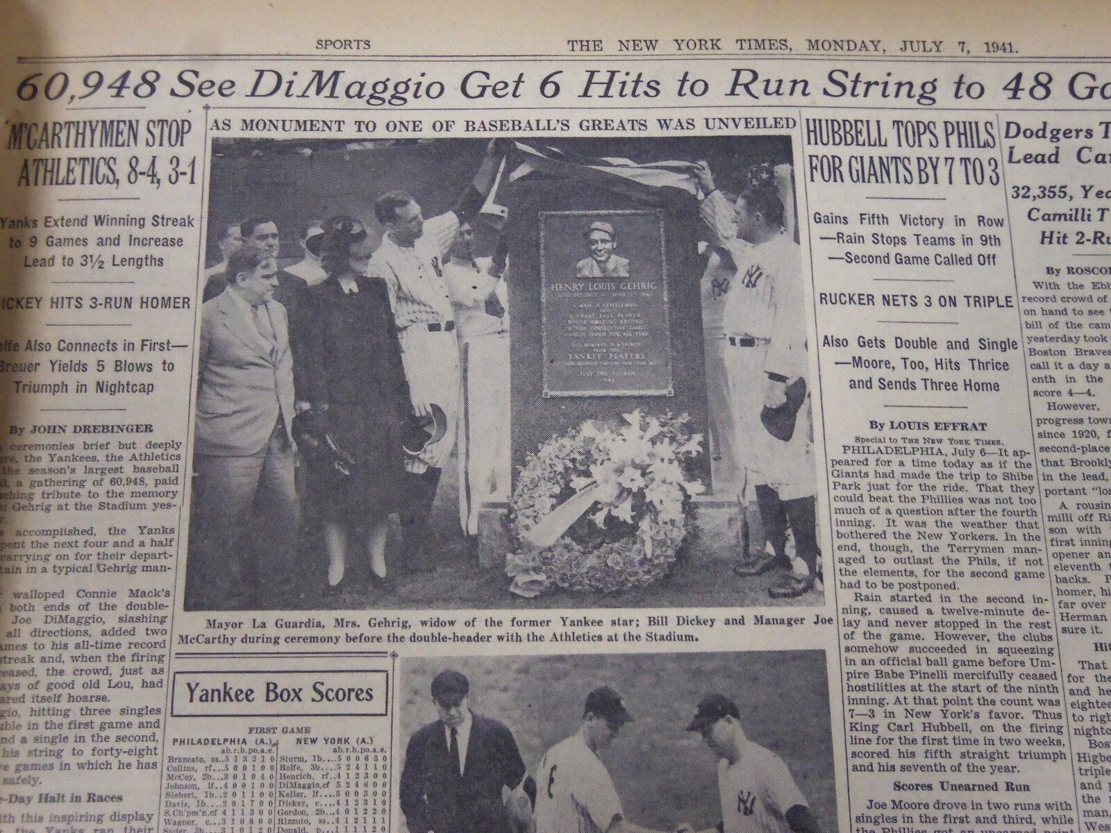 1941 JULY 7 NEW YORK TIMES - LOU GEHRIG MONUMENT UNVEILED - NT 5151