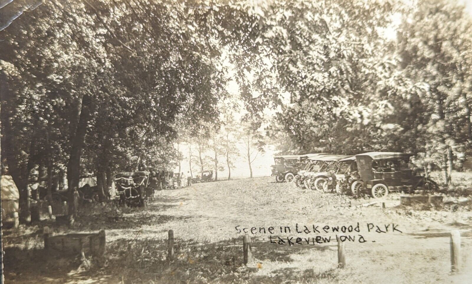 Postcard Real Photo Scene in Lakewood Park Lakeview Iowa Old Cars 1913
