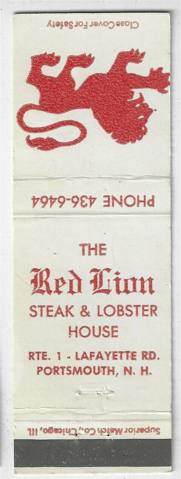 Red lion Steak & Lobster House Restaurant Portsmouth NH Empty Matchcover