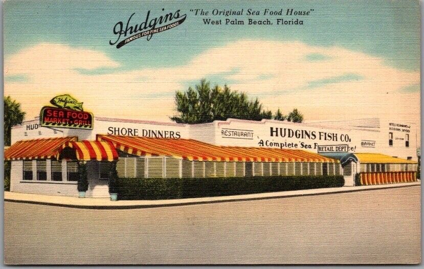 West Palm Beach, Florida Postcard HUDGINS SEA FOOD RESTAURANT / Tichnor Linen