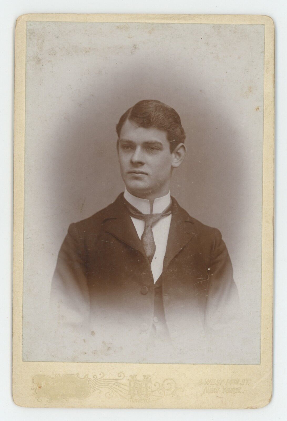 Antique Circa 1890s Cabinet Card Handsome Man With High Collar Suit New York, NY