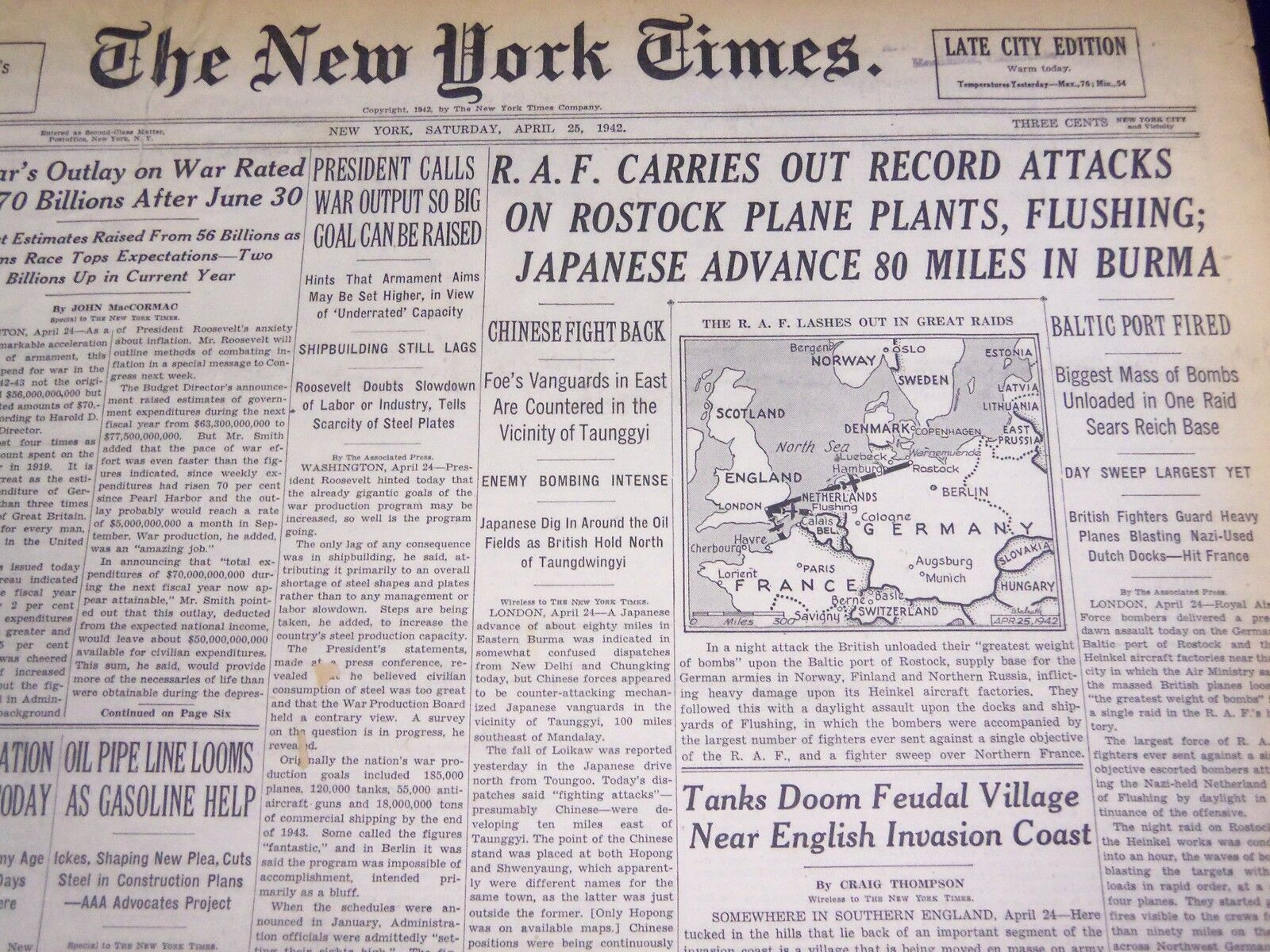 1942 APRIL 25 NEW YORK TIMES - R. A. F. CARRIES OUT RECORD ATTACKS - NT 1185