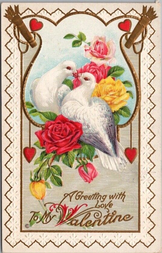 Vintage 1914 VALENTINE'S DAY Postcard White Doves / Colorful Roses STECHER 243E