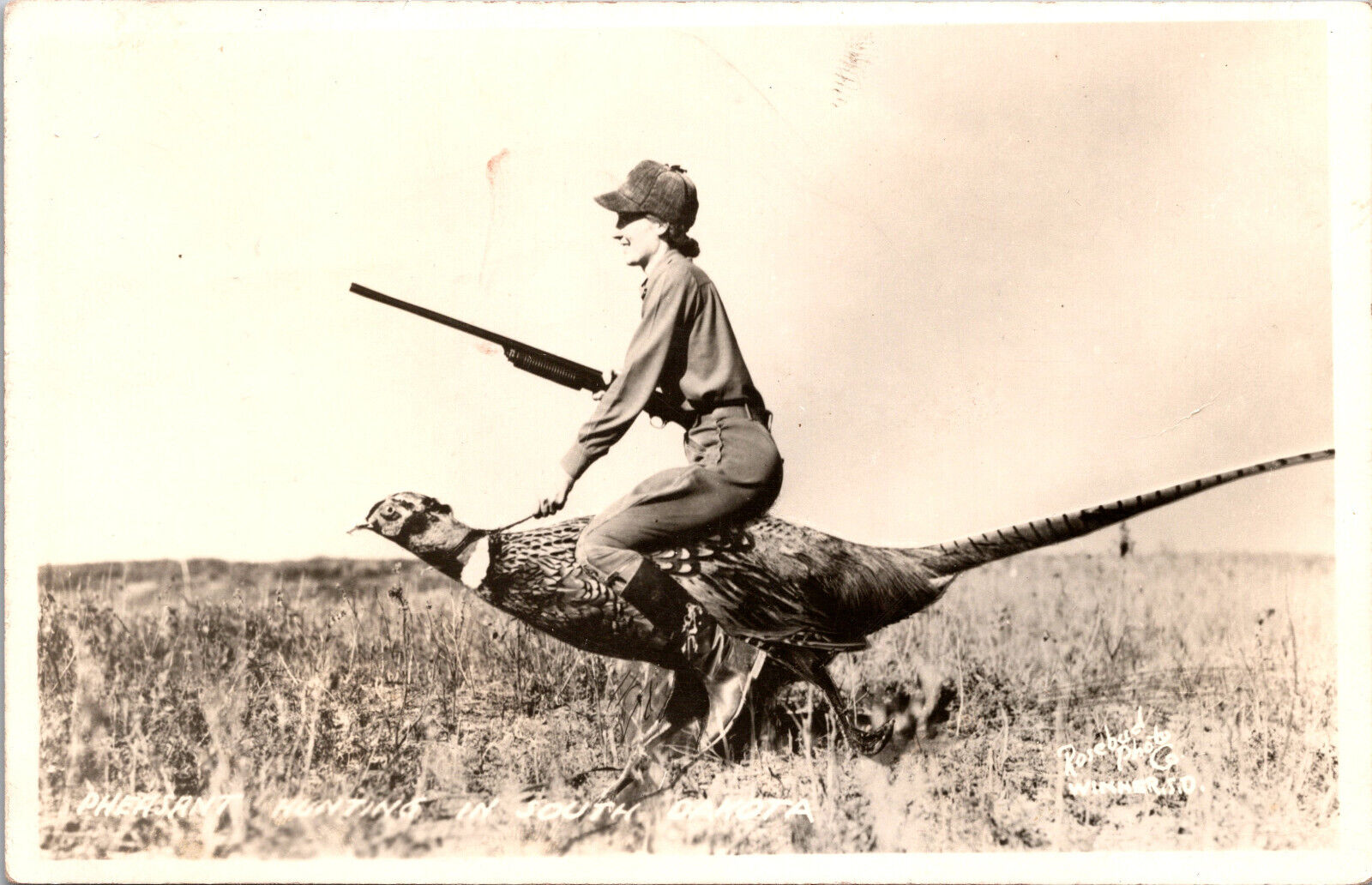 Novelty Woman Hunting Riding Pheasant Real Photo RPPC Vtg Antique Postcard