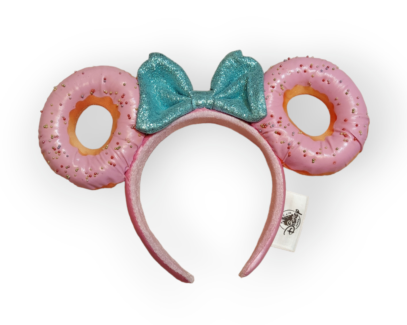 Disney Parks Minnie Mouse Pink Sprinkled Donut Ears Headband Blue Sequin Bow