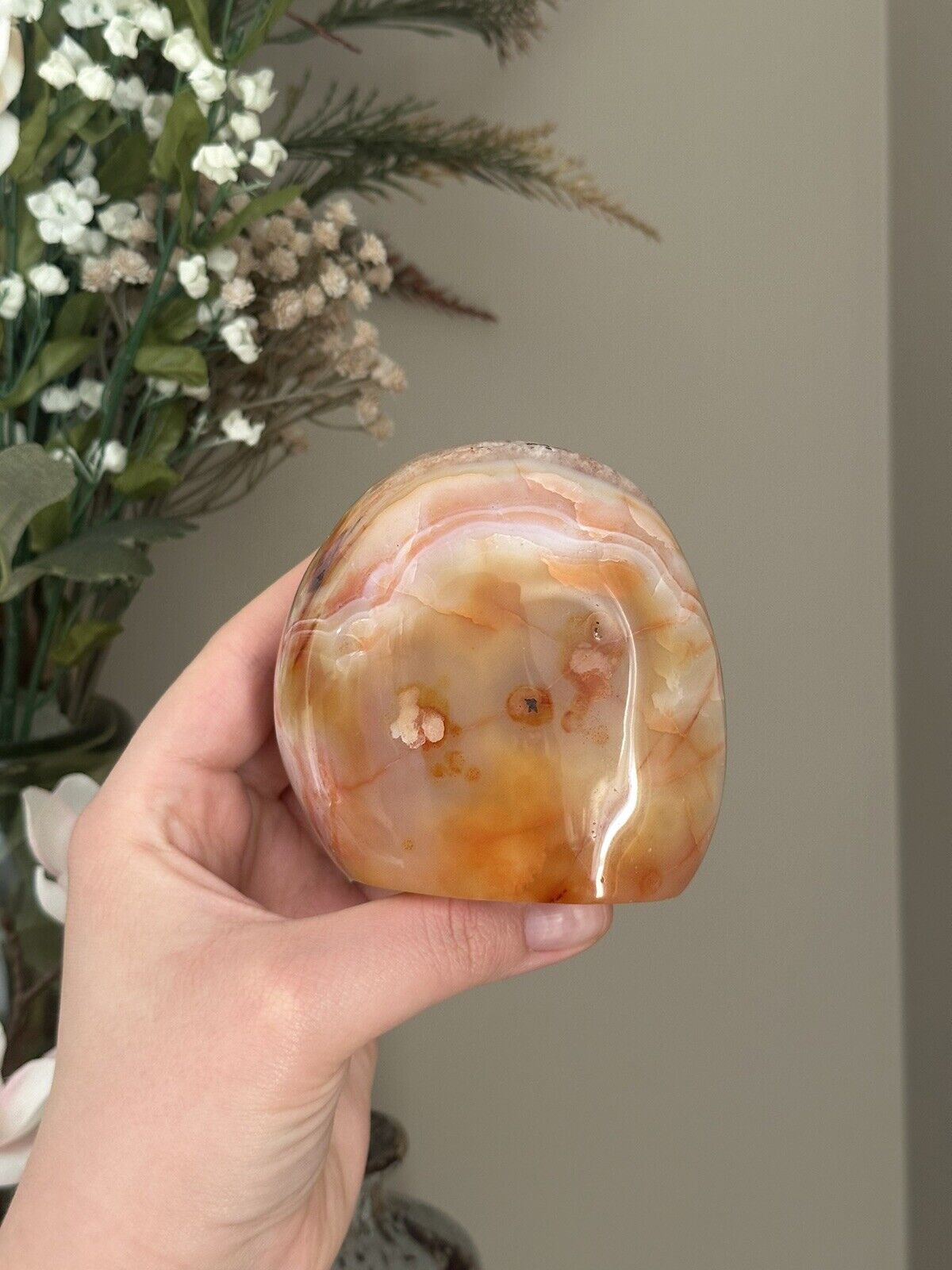 unique pink & peachy carnelian agate freeform polished crystal 🍑 + quartz 