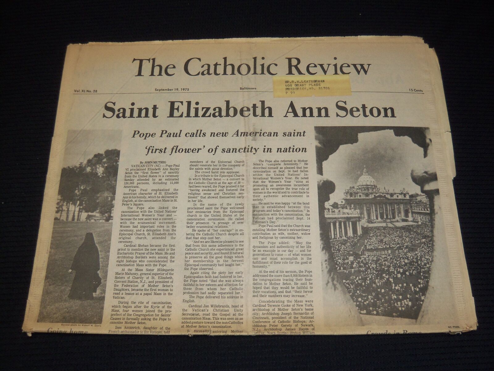 1975 SEPTEMBER 19 THE CATHOLIC REVIEW - SAINT ELIZABETH ANN SETON - NP 1847R