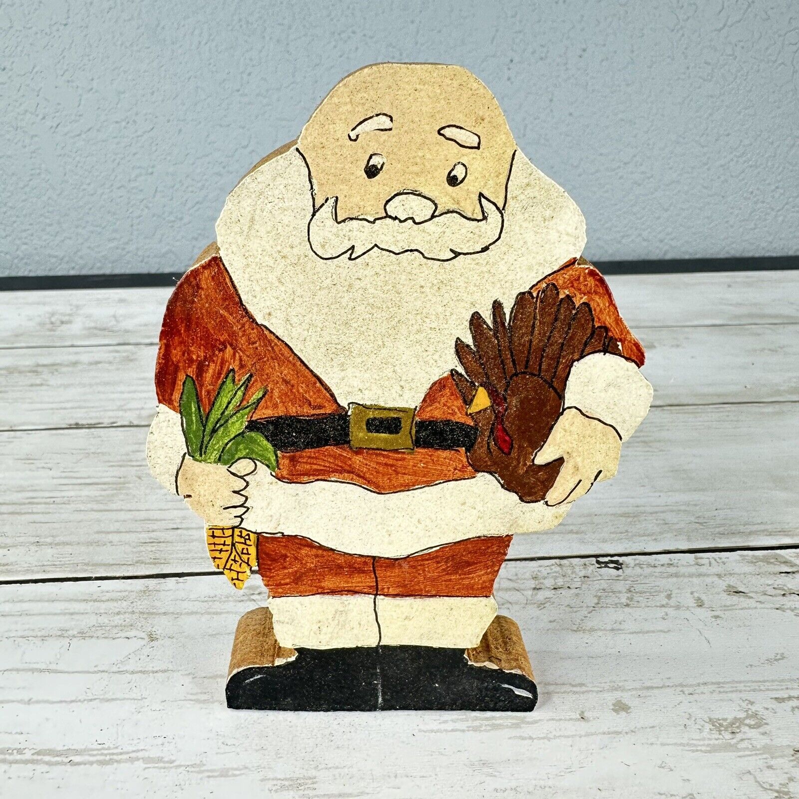 VTG Hand Painted Wood Santa Christmas Decor Folk Art Figurine Thanksgiving