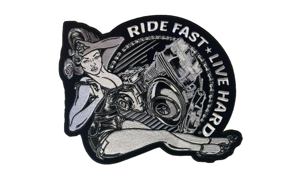 RIDE FAST LIVE HARD VTWIN GIRL LARGE BIKER PATCH IRON ON 10 INCH