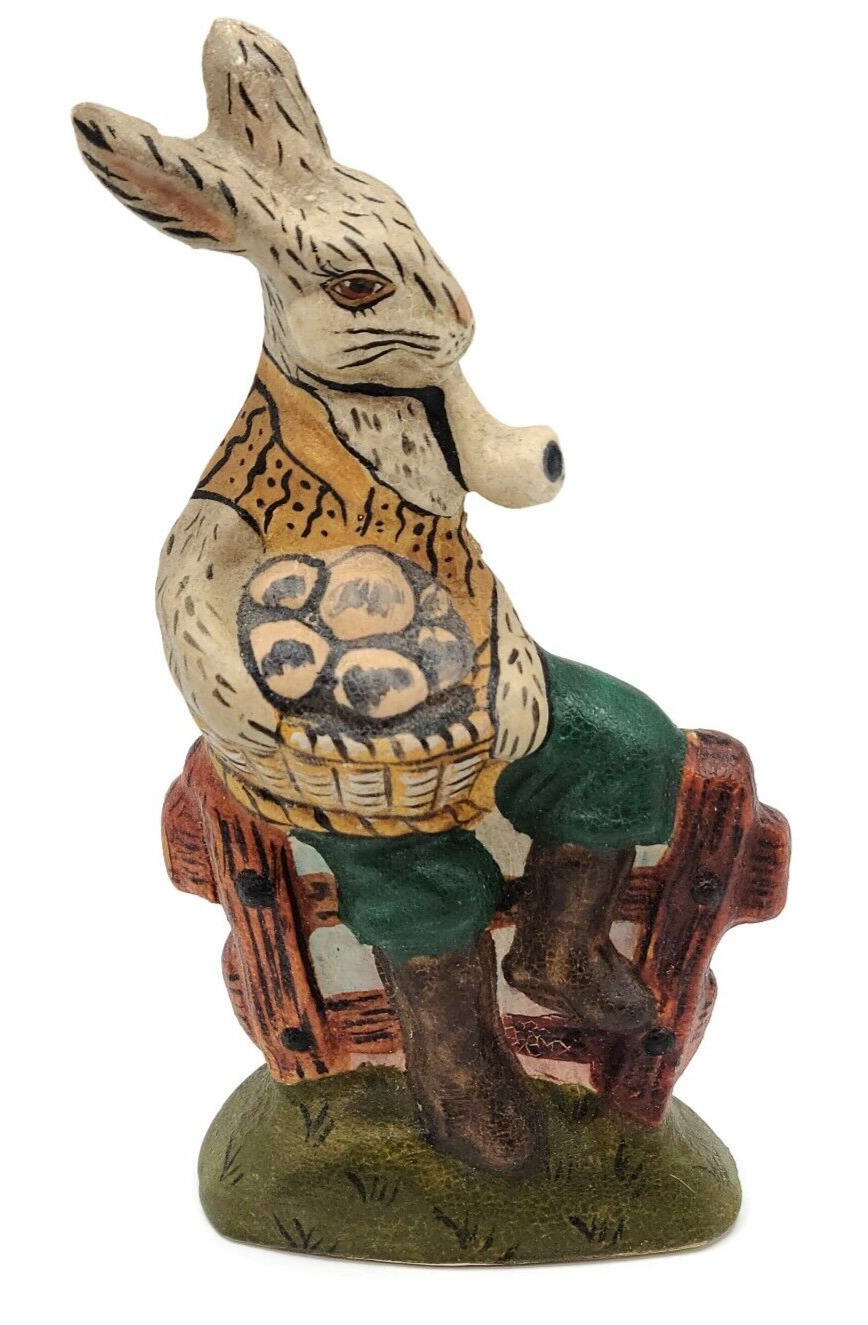 Vaillancourt Rabbit Sitting on Fence with Eggs and Pipe Chalkware Figurine