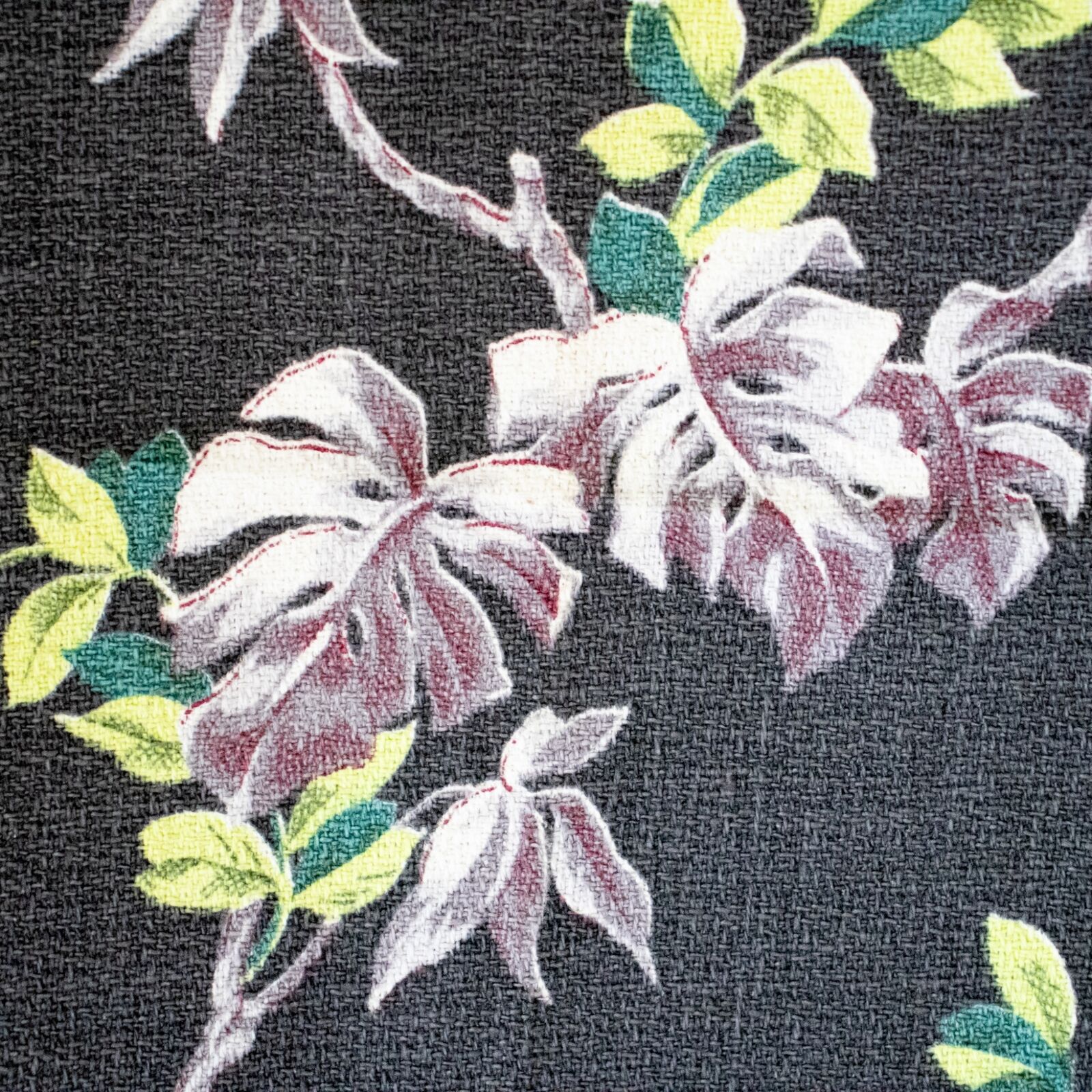 Vtg Barkcloth Fabric Upholstery Yardage 1950s Monstera Leaves on Gray 3.33 Yds