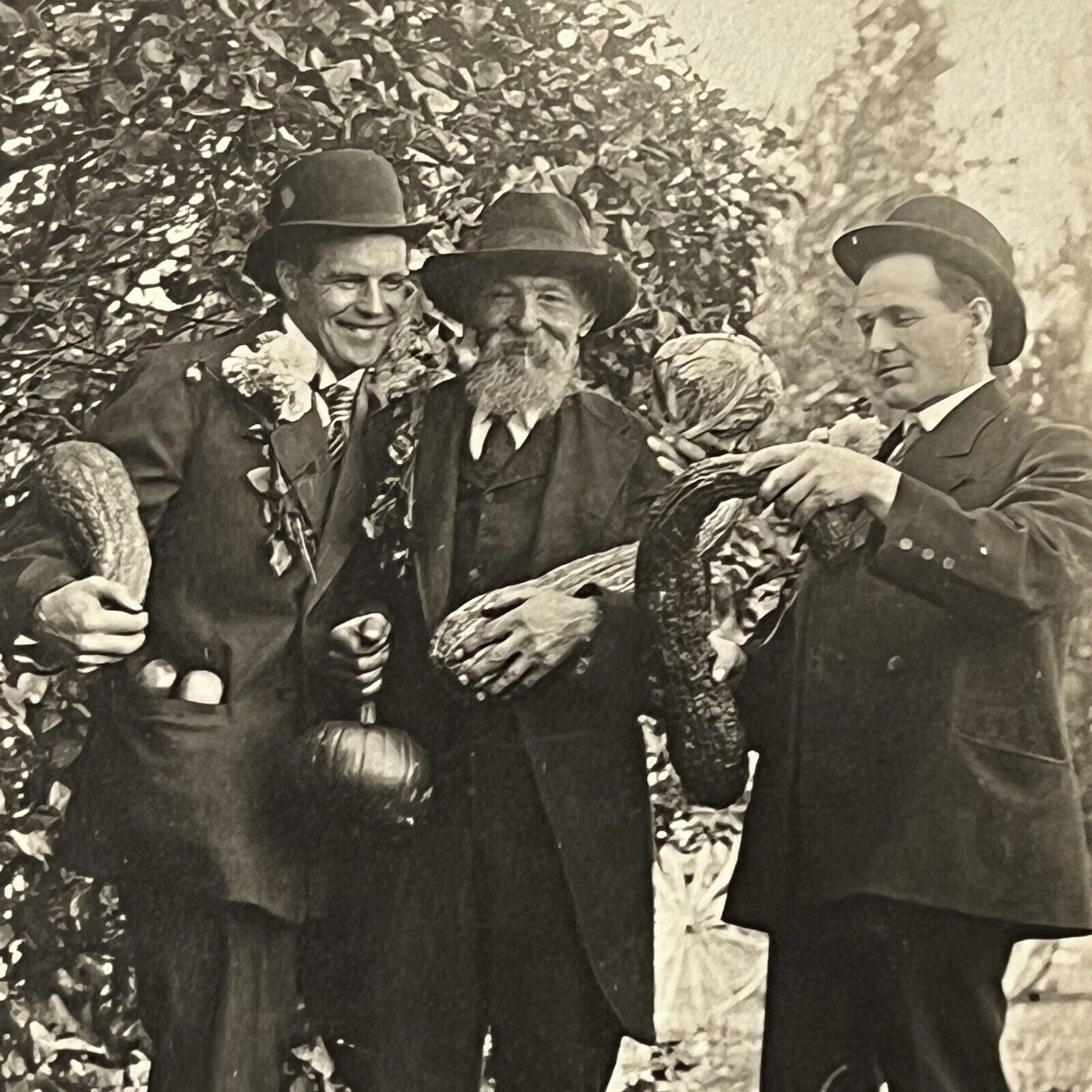 Antique RPPC Real Postcard Charming Men Showing Off Vegetable Squash Pumpkin
