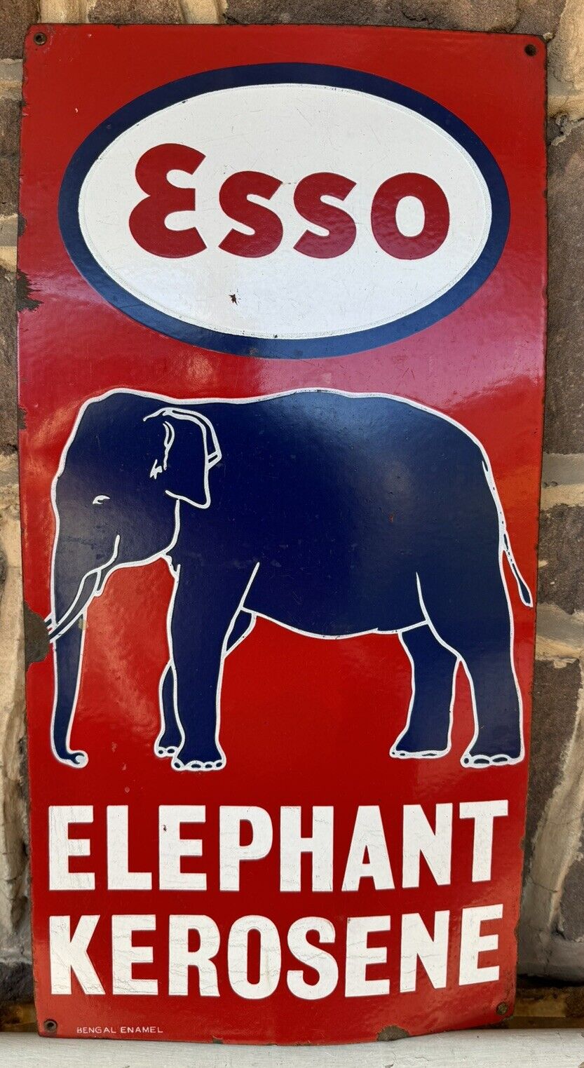 Vintage Esso Sign Elephant Kerosene Porcelain Single Side Authentic
