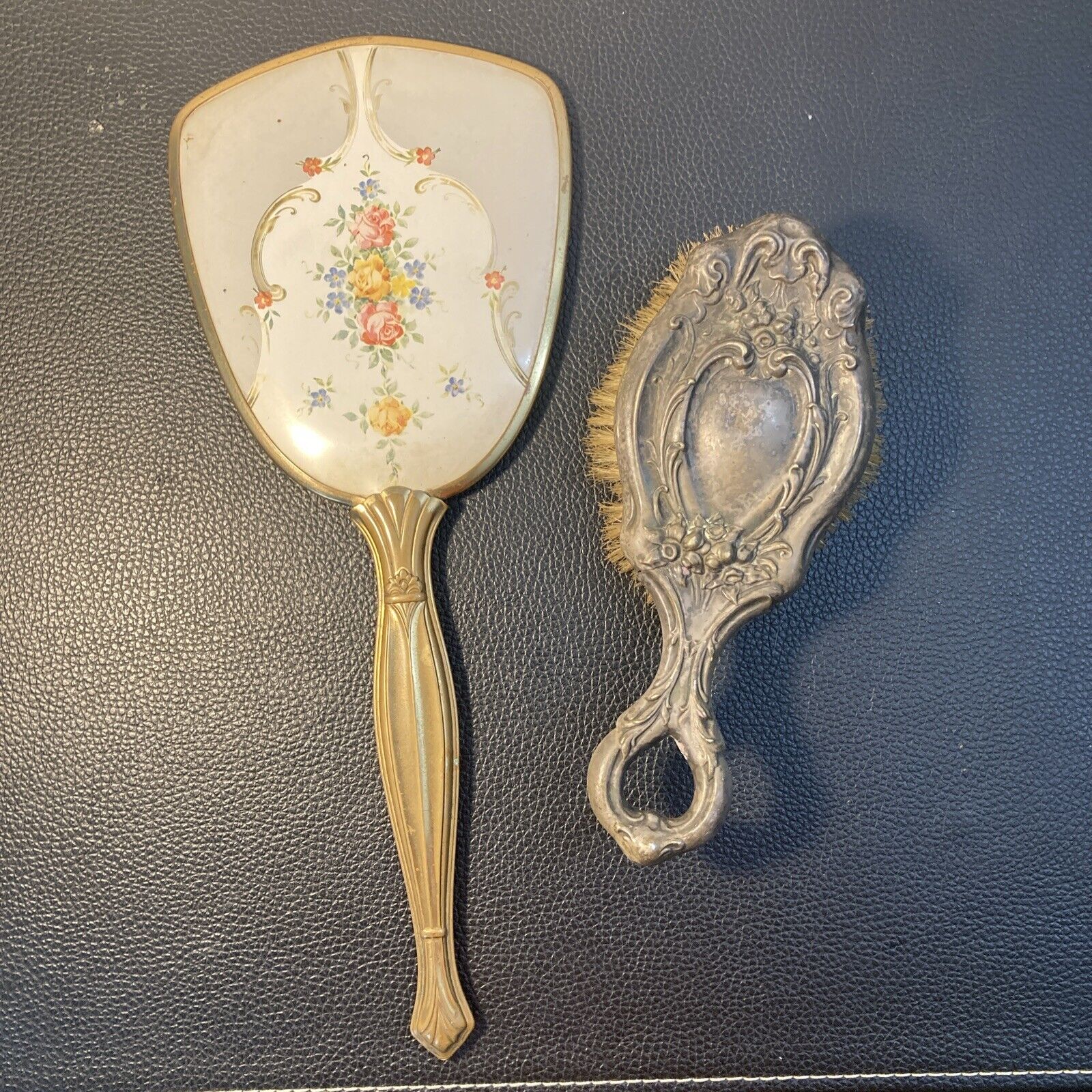 Vintage Handheld Mirror And German Silver Brush