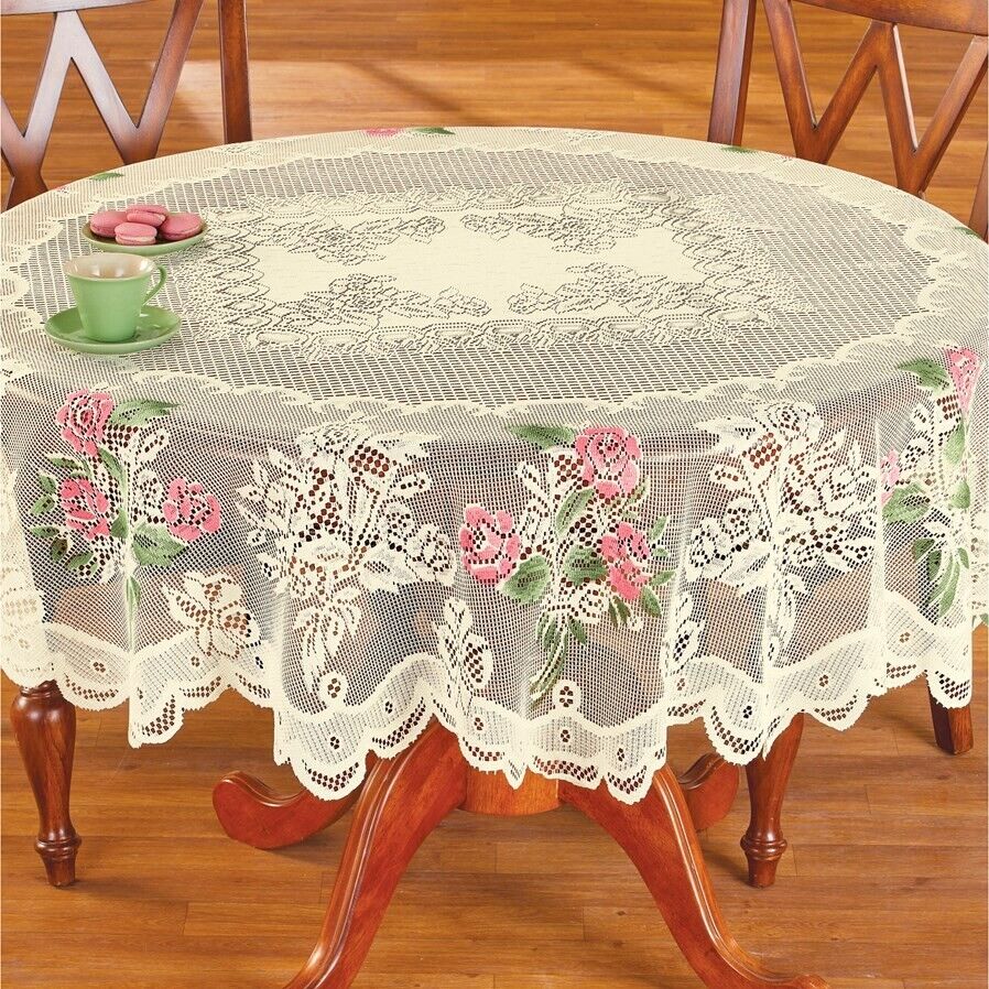 Elegant Pink Rose Lace Valentines Day Polyester Round Tablecloth