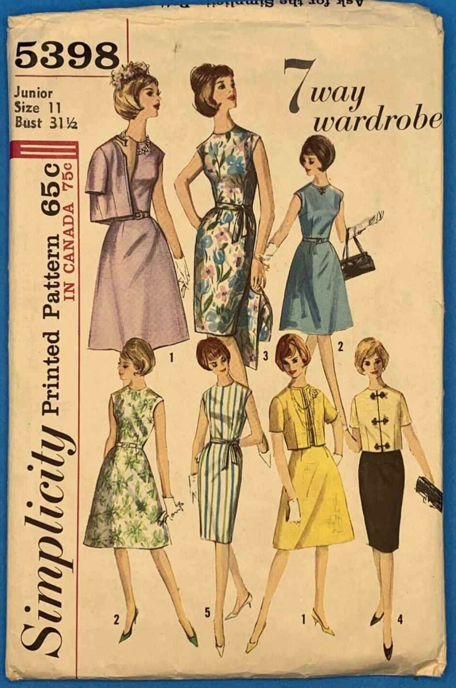 7 Way Wardrobe Dress Jacket Pattern Simplicity 5398 JR 11/31.5 1960\'s Vintage