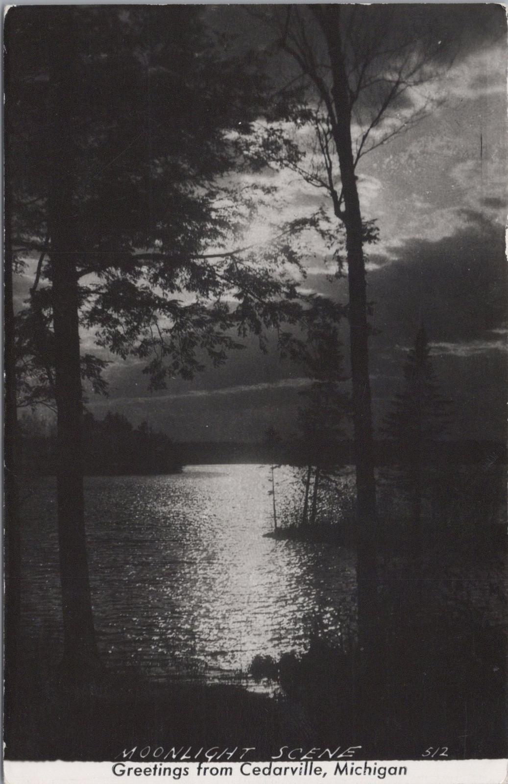 Moonlight Scene Greetings from Cedarville Michigan 1948 RPPC Postcard