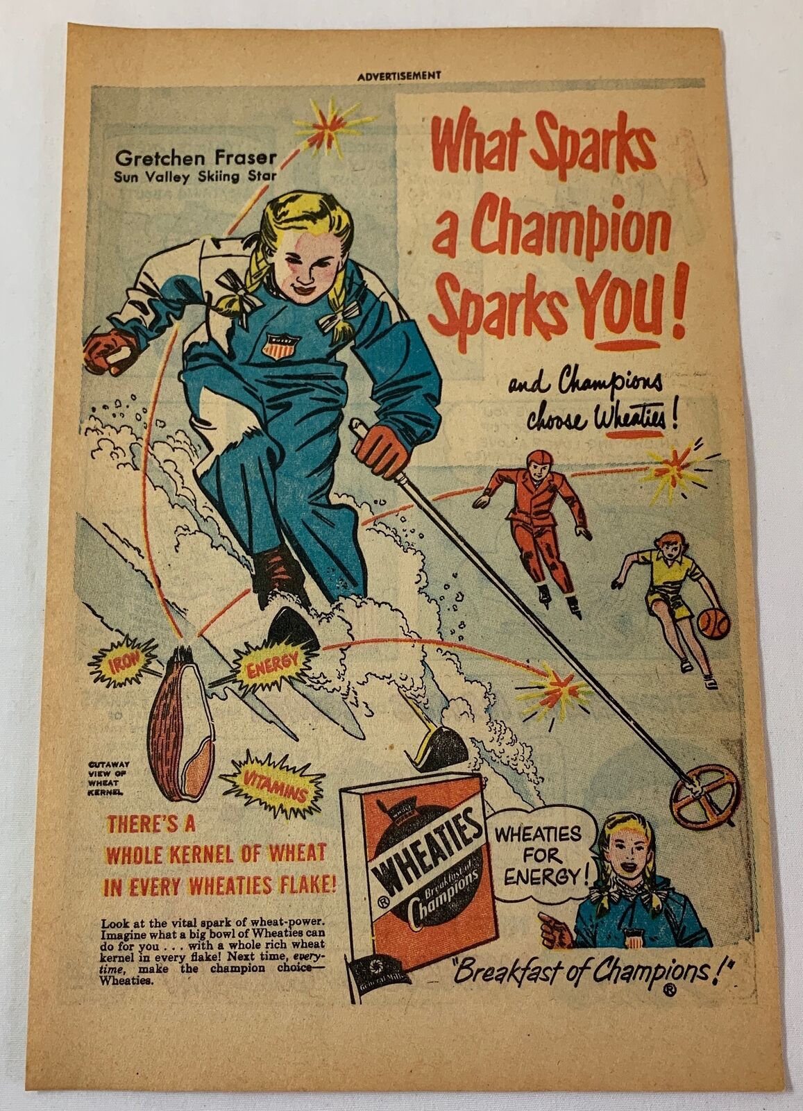 1952 Wheaties cartoon ad ~ skier GRETCHEN FRASER