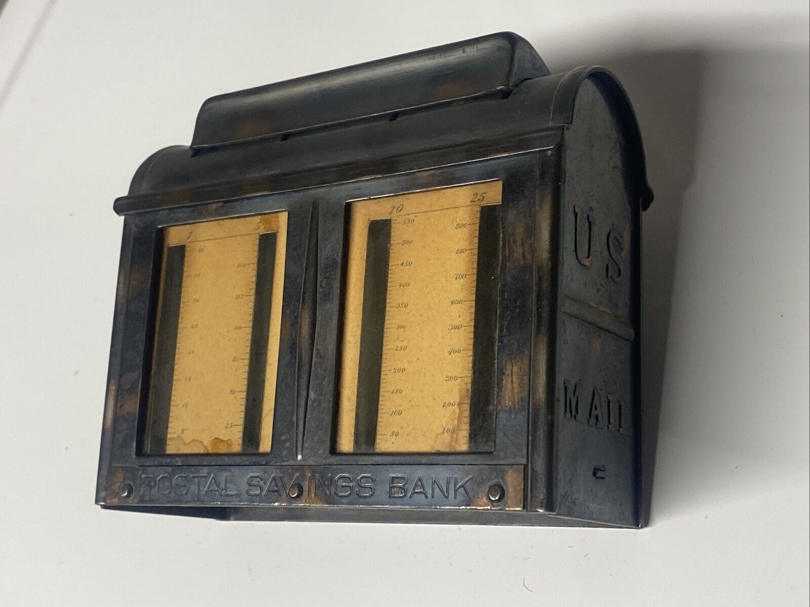 Antique 1902 Postal Savings Bank US Mailbox 4 Slot Coin Metal Glass -rare-