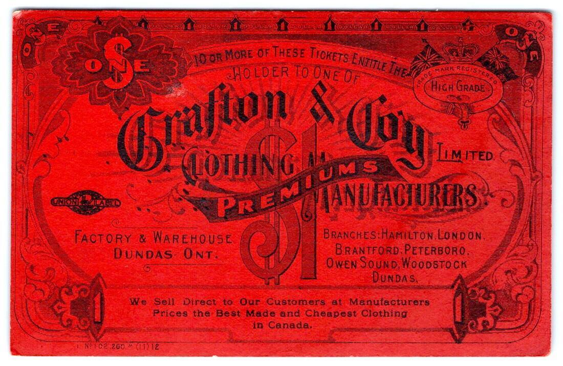 GRAFTON & CO*CLOTHING MFG*LARGE RED TRADE CARD $1 PREMIUM TICKET*DUNDAS ONTARIO