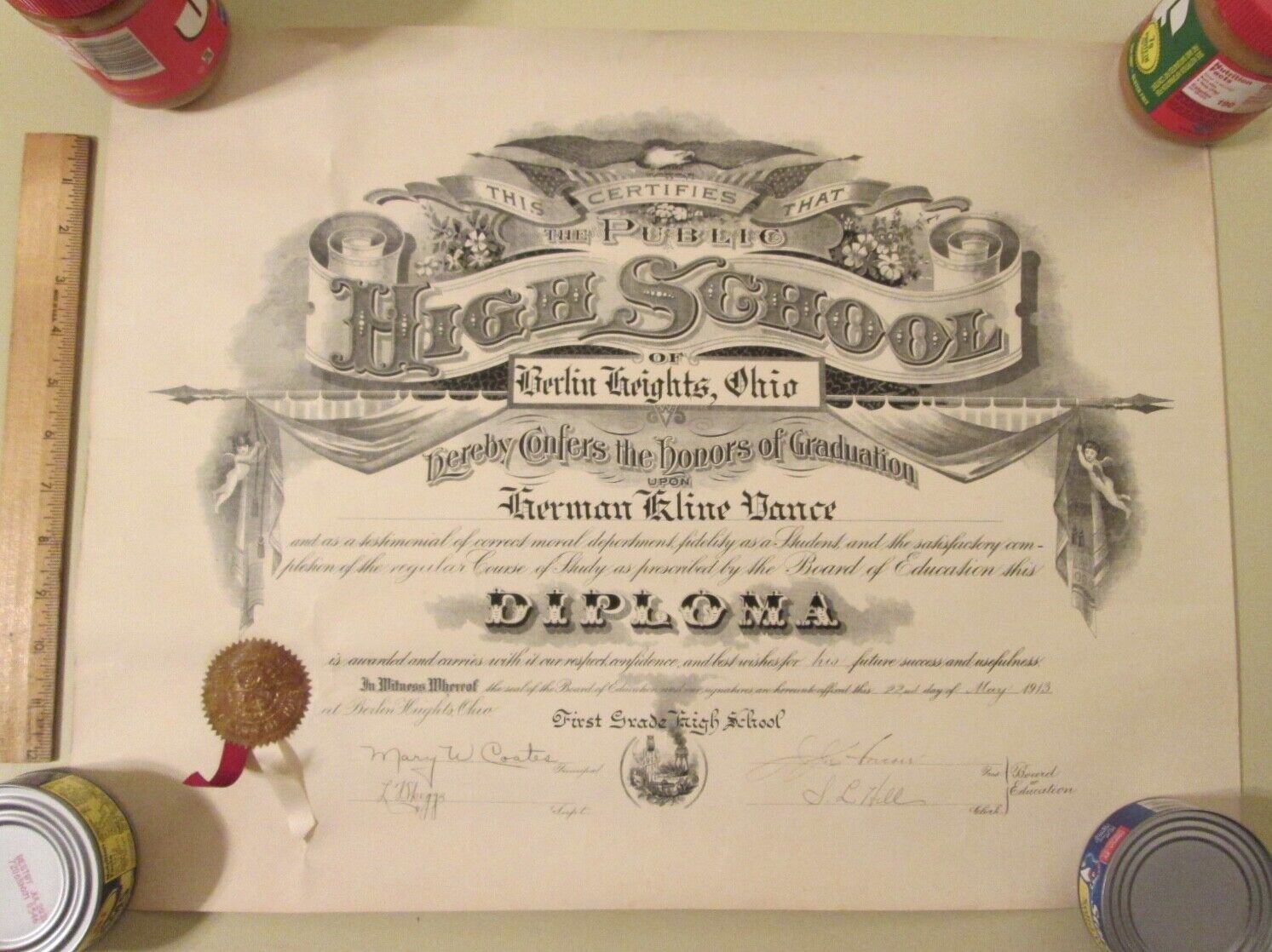 ANTIQUE HIGH SCHOOL DIPLOMA ~ 1913 Berlin Heights, Ohio ~ Awesome Graphics