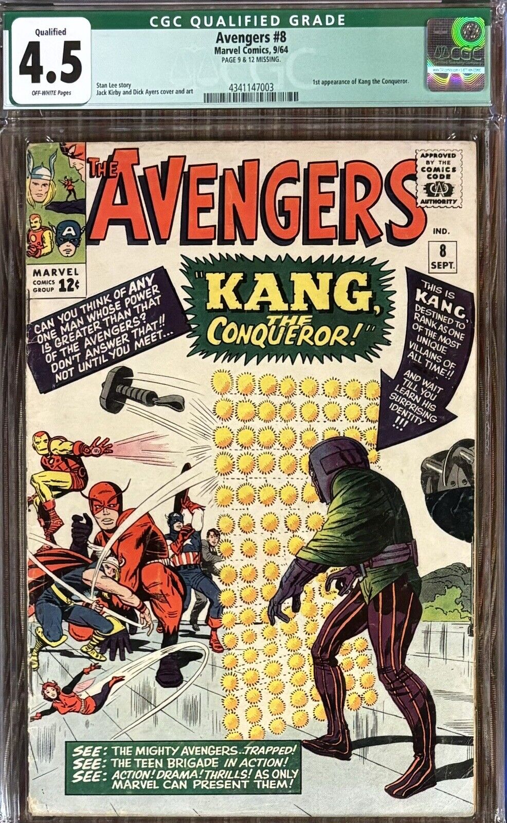 AVENGERS #8 CGC 4.5 1ST APP. OF KANG THE CONQUEROR MARVEL 1964(green label) 😏