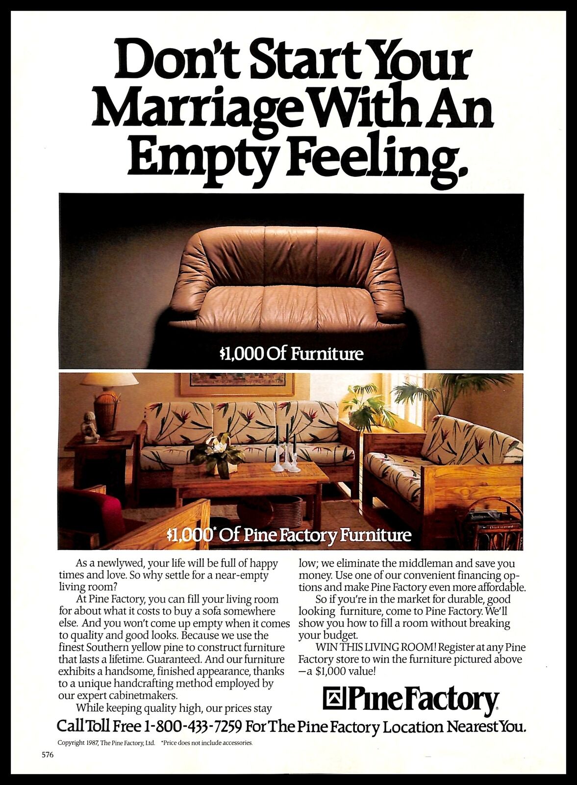 1987 Pine Factory Furniture Vintage PRINT AD Marriage Newlywed Living Room 1980s