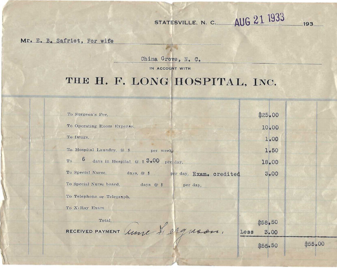 VINTAGE 1933 NC HOSPITAL RECEIPT THE H. F. LONG HOSPITAL, STATESVILLE, N. C.