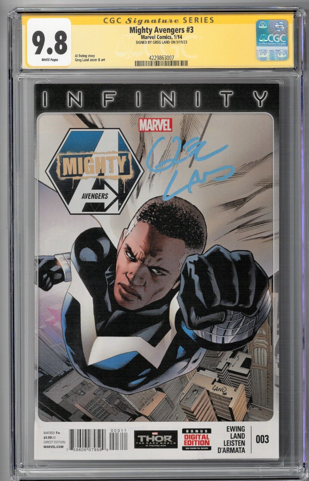 Mighty Avengers #3 CGC SS 9.8 (Jan 2014 Marvel) Signed by Greg Land, White Tiger