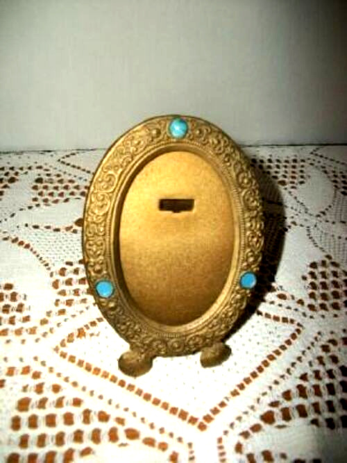 ANTIQUE BRONZED PICTURE FRAME CZECH GLASS JEWELED ENAMEL AQUA MARKED EASEL