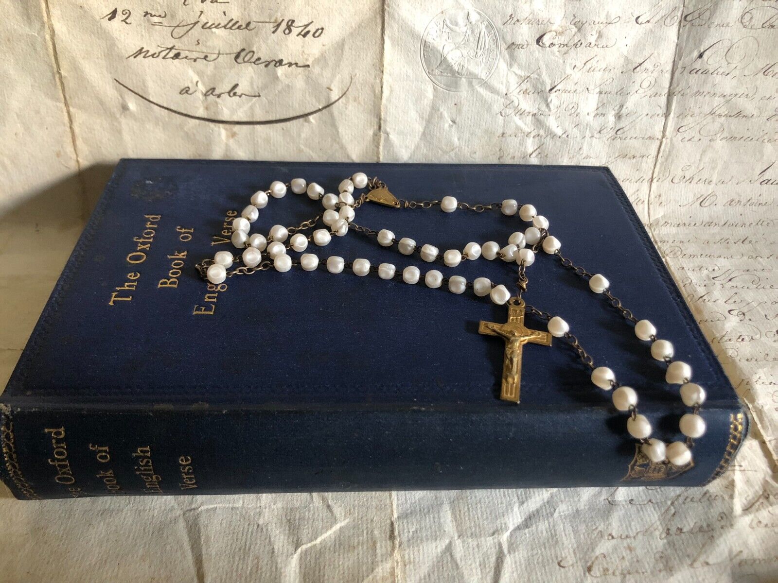 Pretty Antique French 59 White Round Glass Pearlised Bead Child's Rosary c1900