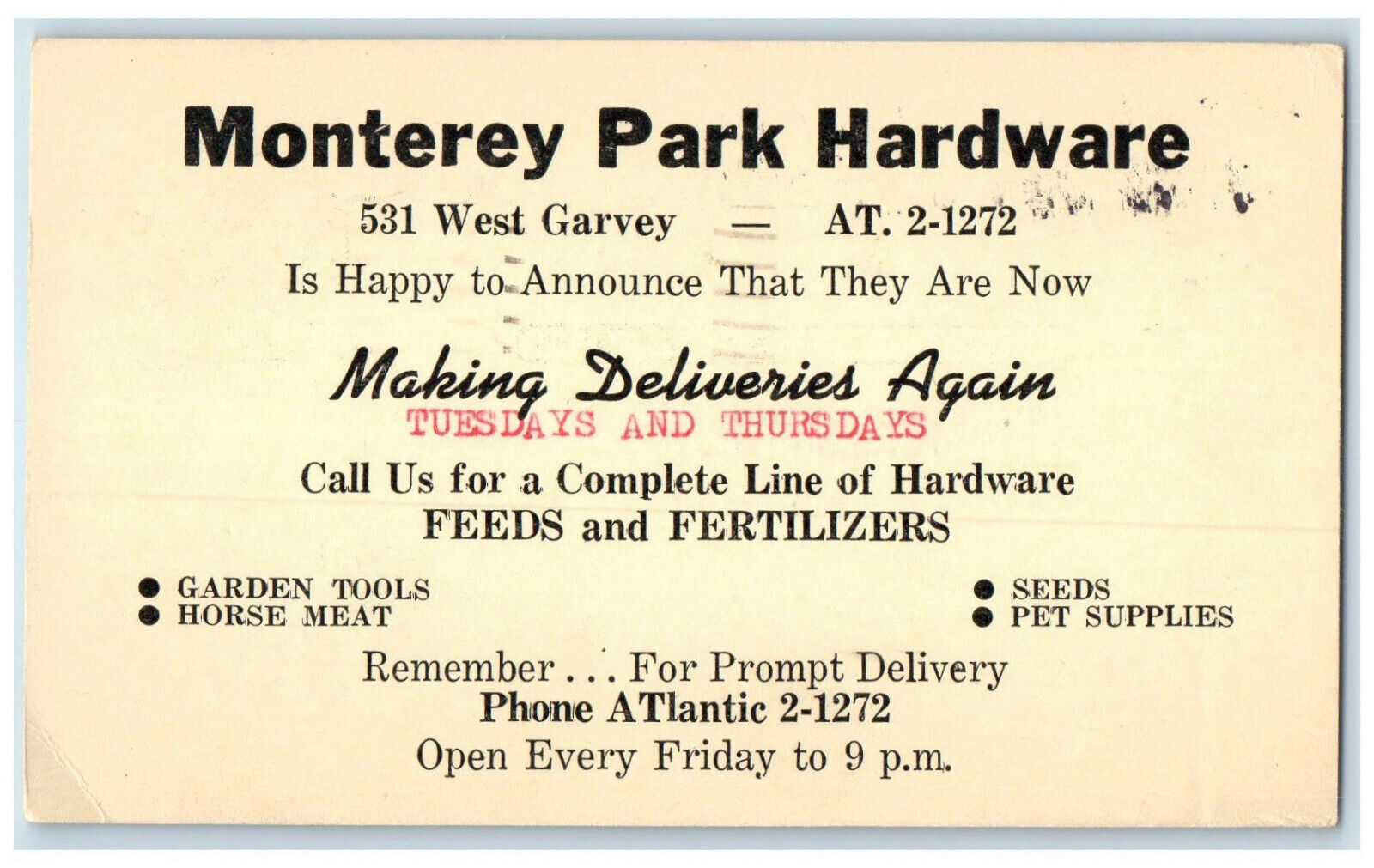1949 Monterey Park Hardware Making Deliveries Again Monterey Park CA Postal Card