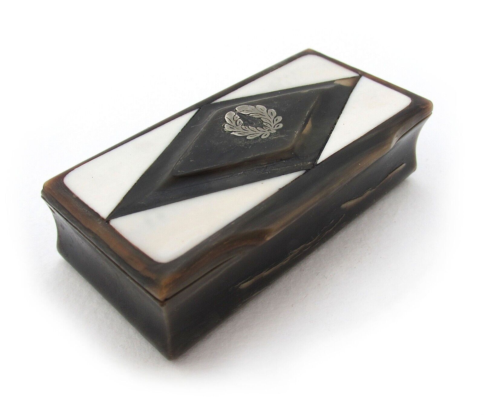Antique Early 19th Century Georgian Horn Snuff Box with Silver Inlay