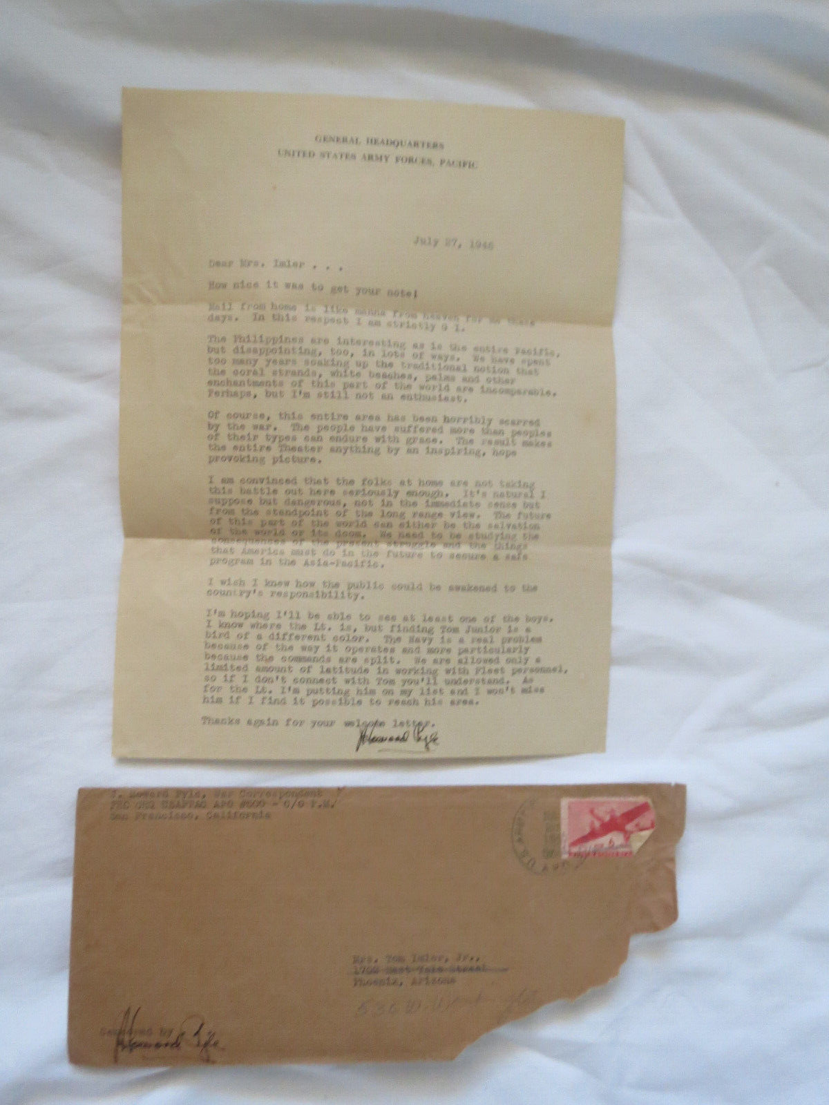 John Howard Pyle autographed typed letter 1945 WWII signed twice