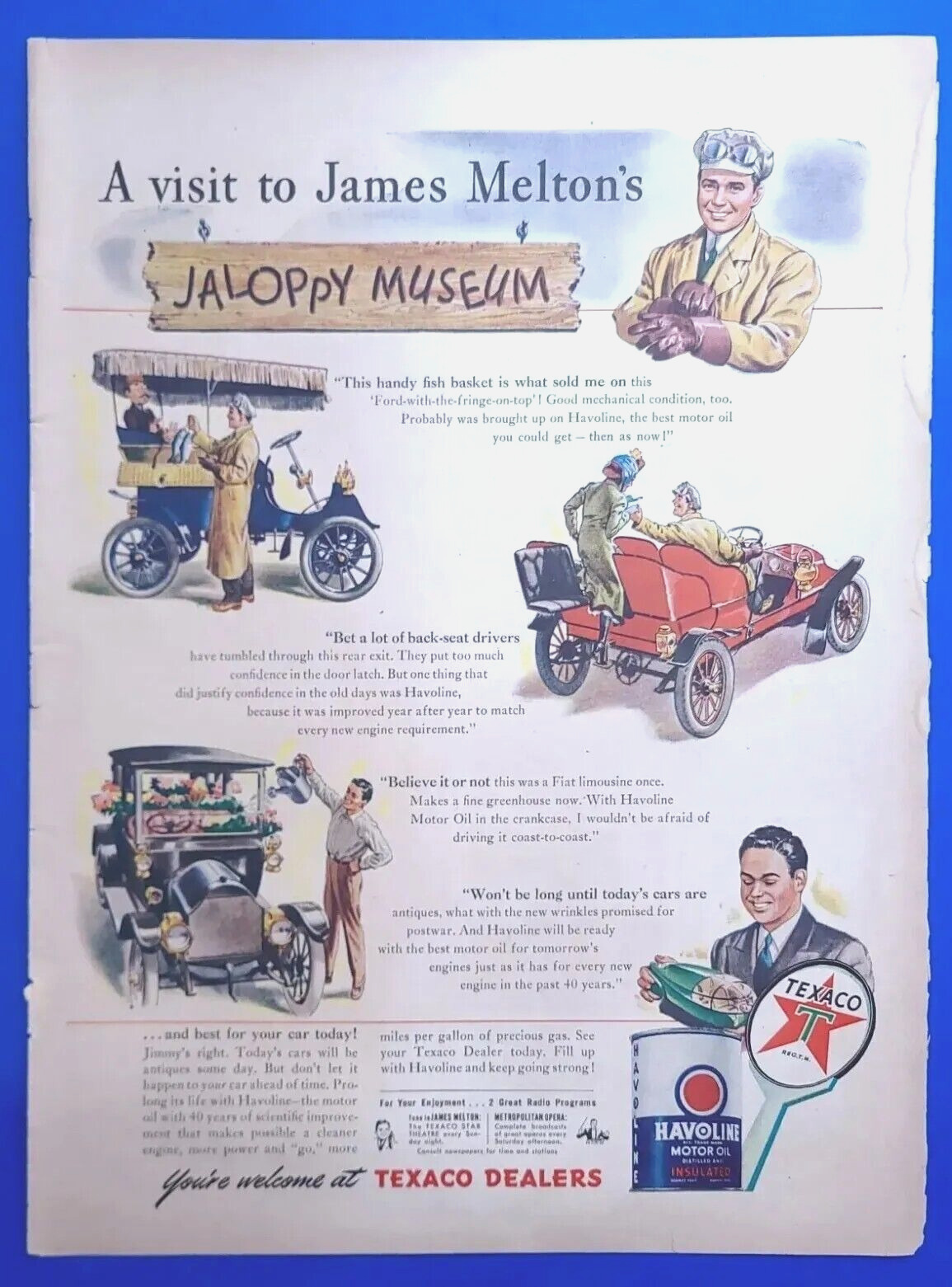 1945 Texaco Dealers James Melton's Jaloppy Museum Vintage 1940's Print Ad