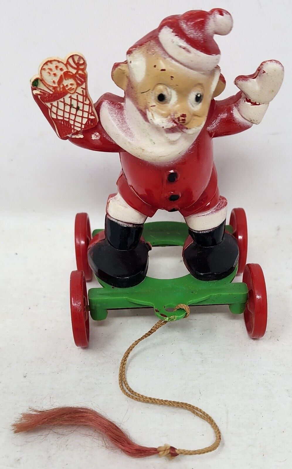 Vintage 1950s Rosen Rosbro Hard Plastic Santa On Wheels Pull Toy 4.5