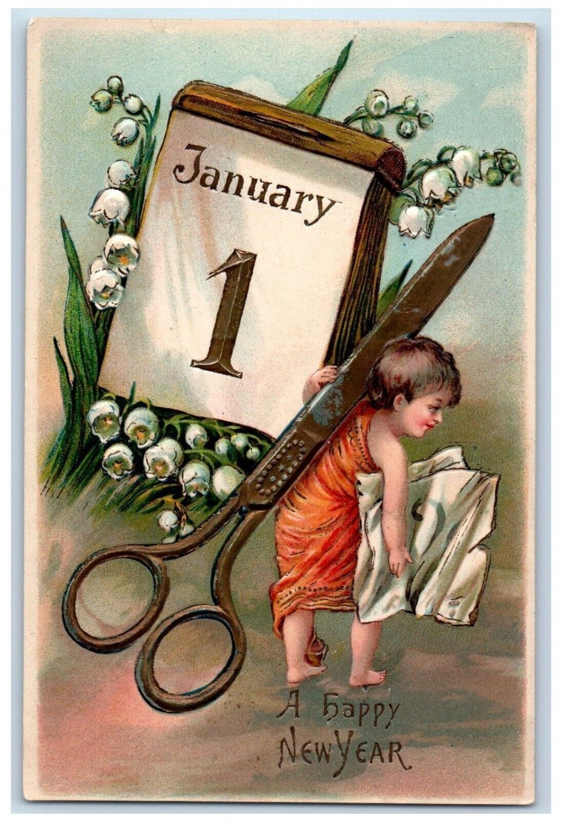 c1905 New Year Boy January 1 Exaggerated Scissors Embossed Antique Postcard