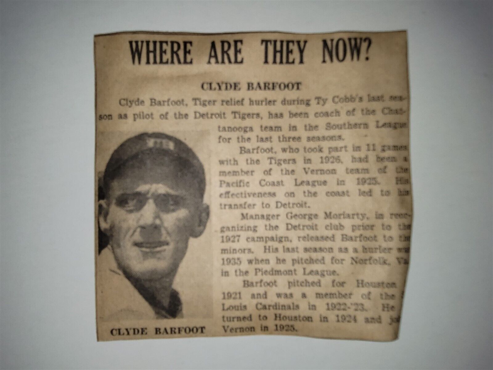 Clyde Barfoot 1939 Detroit Times Tigers Oddball Where Are They Now? RARE