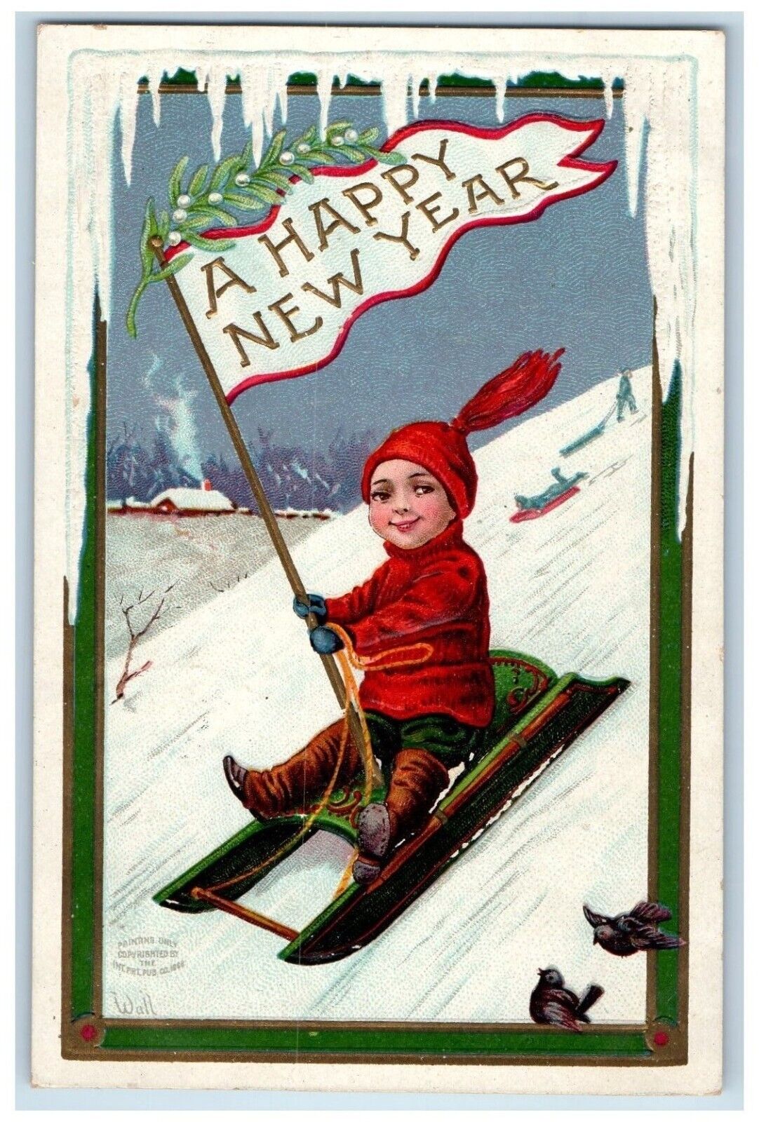 1909 Happy New Year Boy Sledding Mistletoe Clapsaddle Emlenton PA Postcard