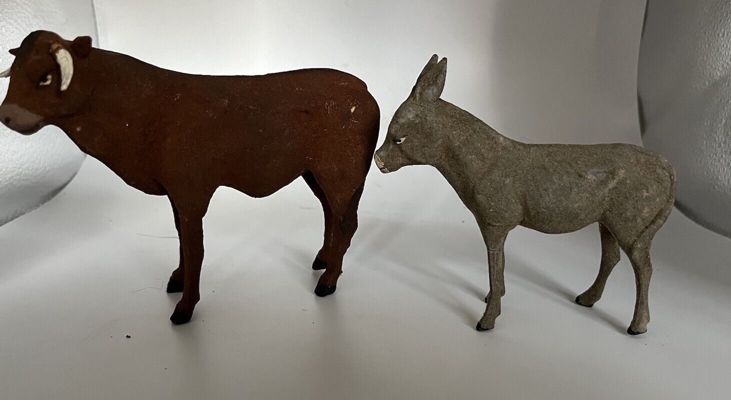 2 Antique German Nativity  Animals Flocked Plaster Putz Cow Donkey & Cow