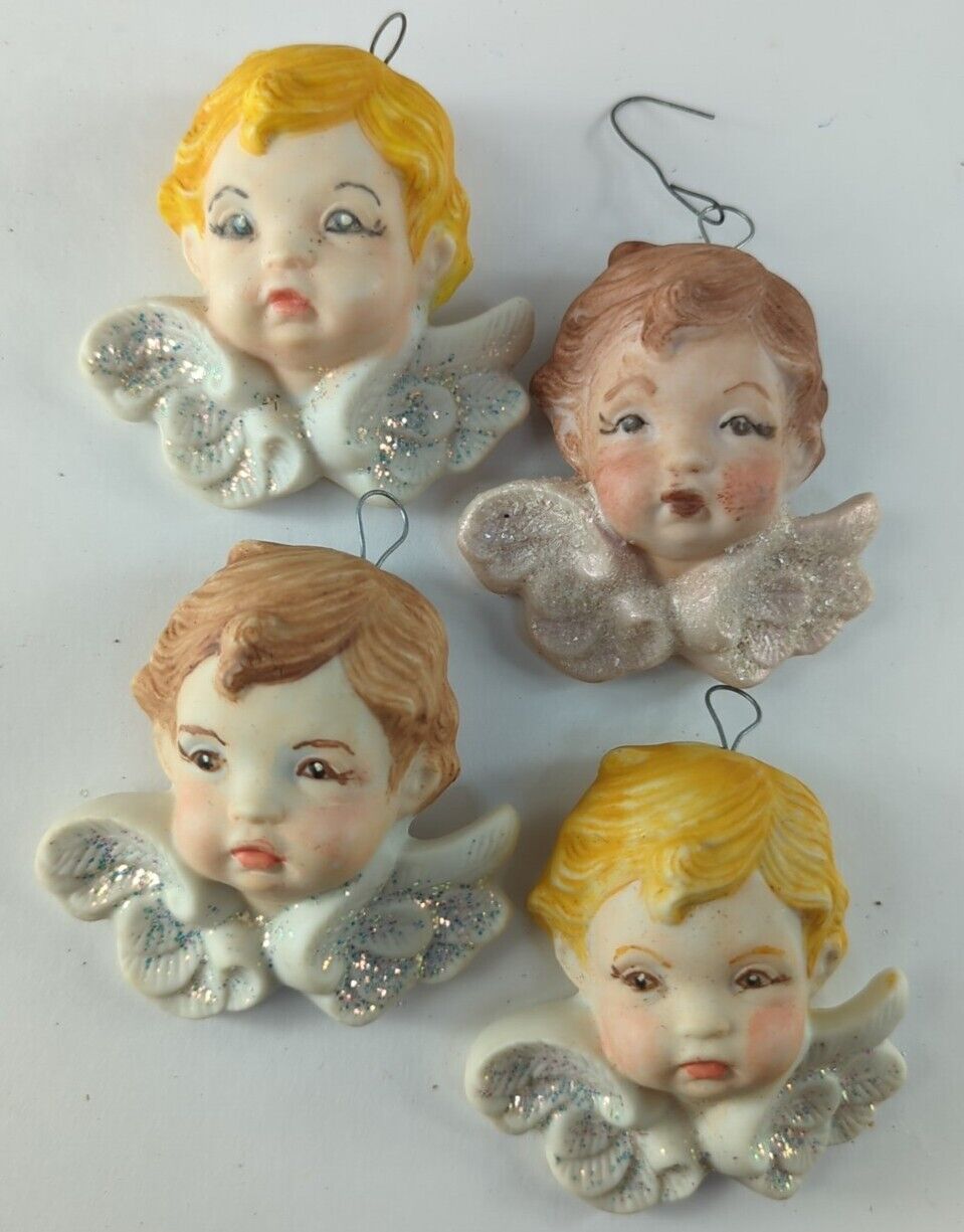 Rare Lot Of 4: Vintage Ceramic Hand Painted Angel Cherub Ornaments