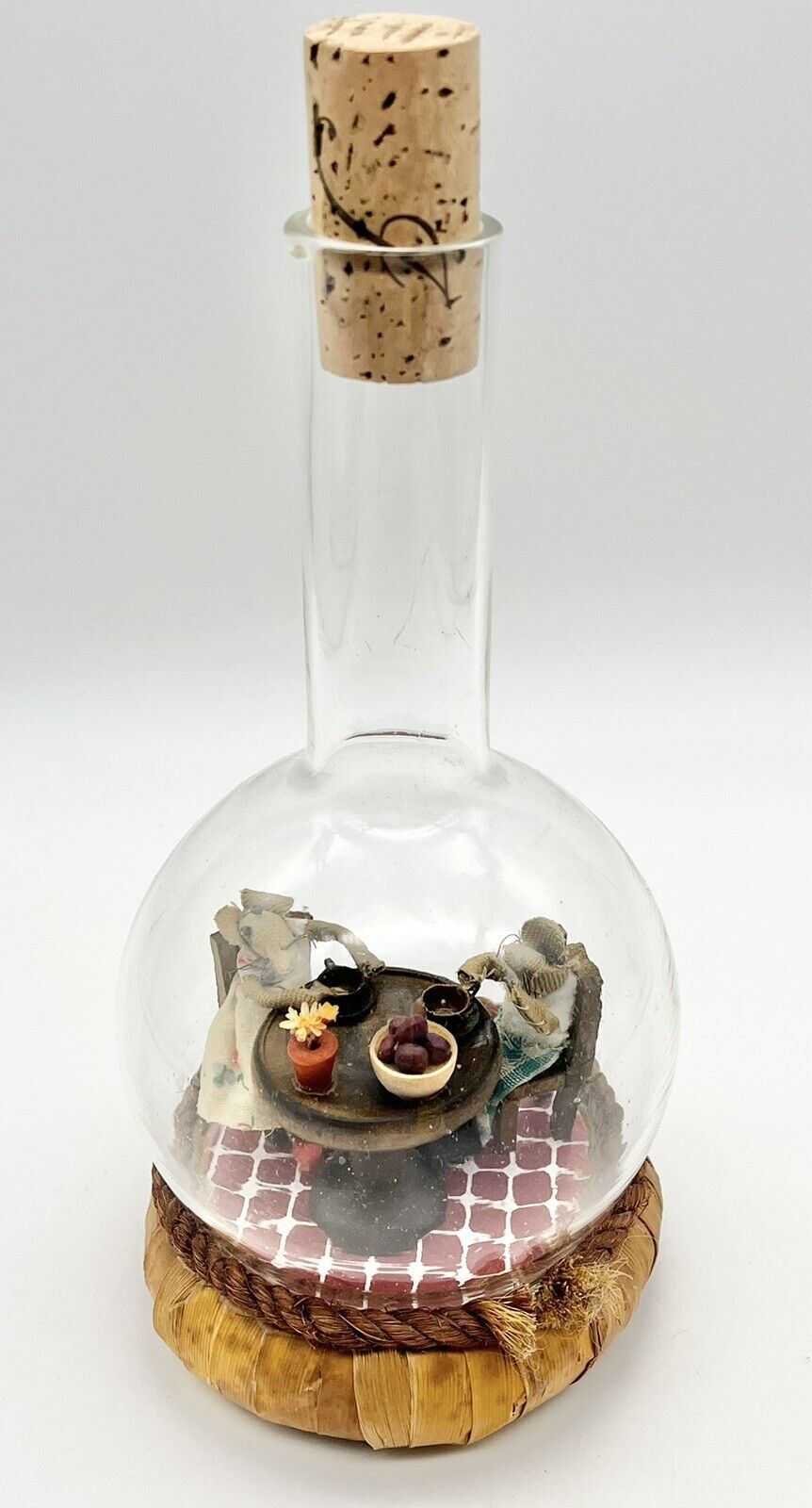 Vintage 1974 Enesco Burlap Mice Diorama in Glass Bottle Tea Party Kitchen Scene